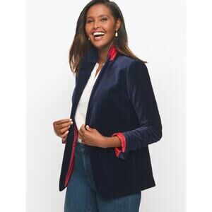 Talbots Navy Blue Velvet Blazer Jacket Red Lining Holiday Preppy Elegant Size 16